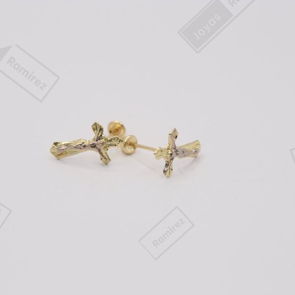 14K Solid Gold Two-Tone Cross Stud Earrings • Elegant Christian Symbol. - Picture 3 of 6